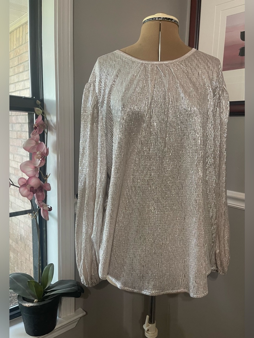 LOFT Silver Metallic Long-Sleeve Blouse